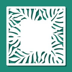 Square photo frame with a pattern of tropical leaves. White object on a green background. Template for laser cutting, metal engraving, wood carving, plywood, cardboard, paper cut. Vector illustration.