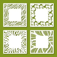 Set of square frames with openwork floral pattern of flowers and leaves. Copy space in the middle. Template for plotter laser cutting of paper, metal, plywood, wood (cnc). Vector illustration.