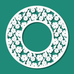 Round photo frame with lace ornament of flowers and leaves. White object on a green background. Template for laser cutting, metal engraving, wood carving, plywood, cardboard, paper cut or printing. 