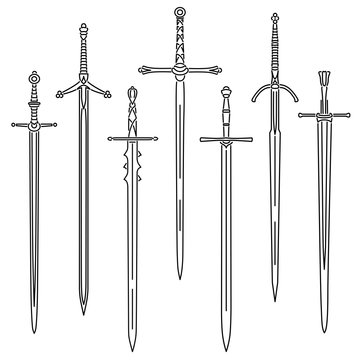 Set of simple vector images of medieval two-handed swords drawn in art line style.