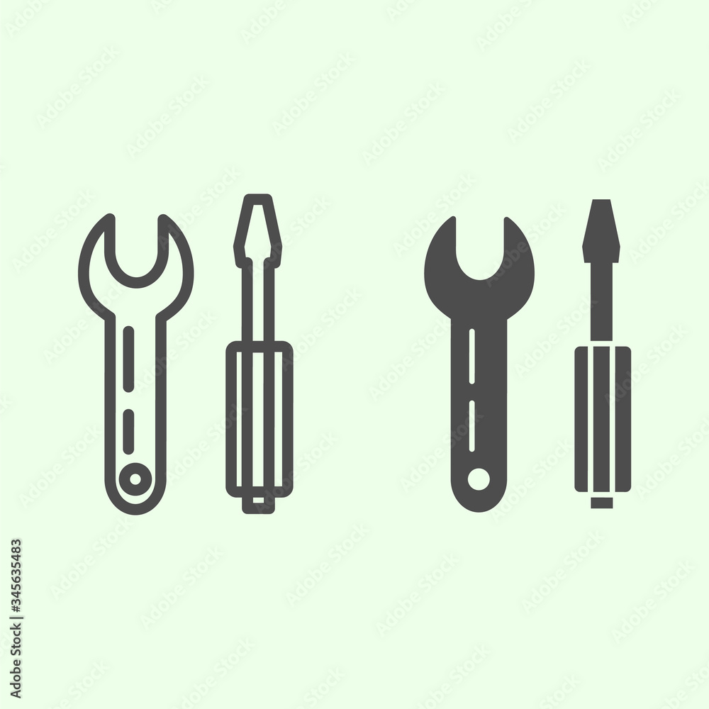 Poster wrench and screwdriver line and solid icon. spanner and cross-shaped screwdriver outline style picto