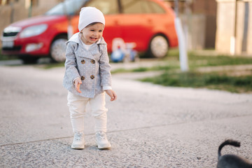 Cute little gilr play with little dor outside. Yorkshire terrer play and jump. Adorable gilr have...