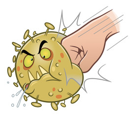 Stop virus concept. A human fist hit funny cartoon virus. 