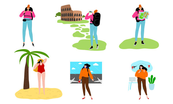 Set of people enjoying travelling and exploring world vector illustration