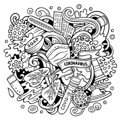 Cartoon vector doodles Coronavirus illustration. Line art epidemic picture