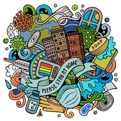 Cartoon vector doodles Please, Stay at Home illustration.