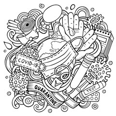 Cartoon vector doodles quarantine illustration. Line art epidemic picture