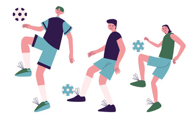 Young smiling boys in sportswear playing football outdoors vector illustration