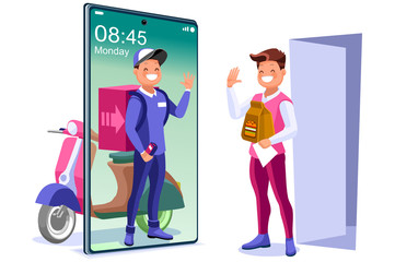 Abstract delivering, delivery a deliver vector design. Express foods orders, speed route to home direction, male worker give fast food order to customer cartoon character. Client purchase illustration