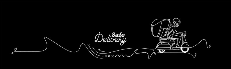 Delivery boy ride scooter delivery service , Safe Order, Fast Shipping, Flat Line Art Vector Background.
