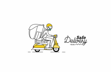 Delivery boy ride scooter delivery service , Safe Order, Fast Shipping, Flat Line Art Vector Background.