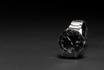 luxury watch with black background. Watch on a black background isolated. Leather belt. 40mm disc. Women's, men's watch.