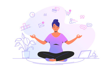 Working and meditating at home. Flat line vector illustration of cute woman sitting at home in lotus pose and concentrating before working. Time management concept design isolated on white background