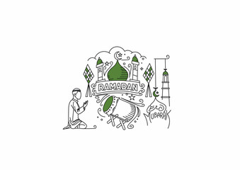 Muslim young man praying ( Fajr, Zuhr, Asr, Maghrib, and Isha ) - eid mubarak, vector Illustration.