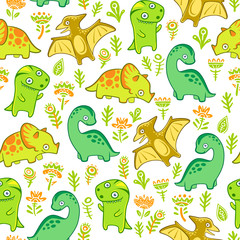 Cute dino pattern, bright print for children's clothes, wallpaper, textile.