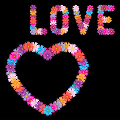 Lettering Love and heart made of flowers.