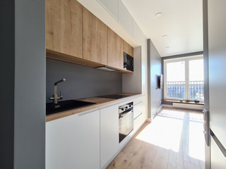 Close-up of luxury studio apartment in city centre. Light compact flat. Modern wooden kitchen with supplies. Microwave faucet and oven. Design and renovation concept