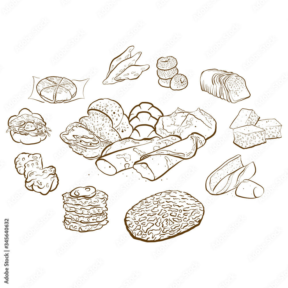 Poster outline version of circle shape composition from hand drawn bread
