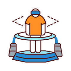 Virtual reality platform color line icon. Man in VR helmet gaming on platform. Cyberspace, simulation, interactive. Pictogram for web page, mobile app. UI UX GUI design element. Editable stroke
