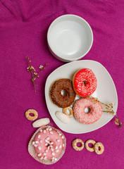 donuts in a plate on a pink background