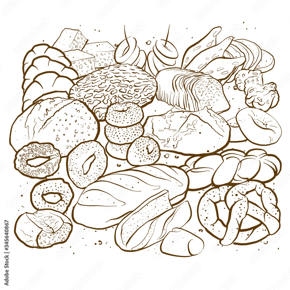 Poster outline version of hand drawn sketched breads to a square arranged format