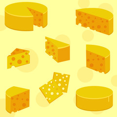 Cheese set. Slices, half, slices, whole head of cheese. Yellow background. Vector illustration of cheese.