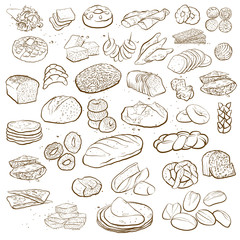 Outline version of Big Collection of hand drawn bread isolated