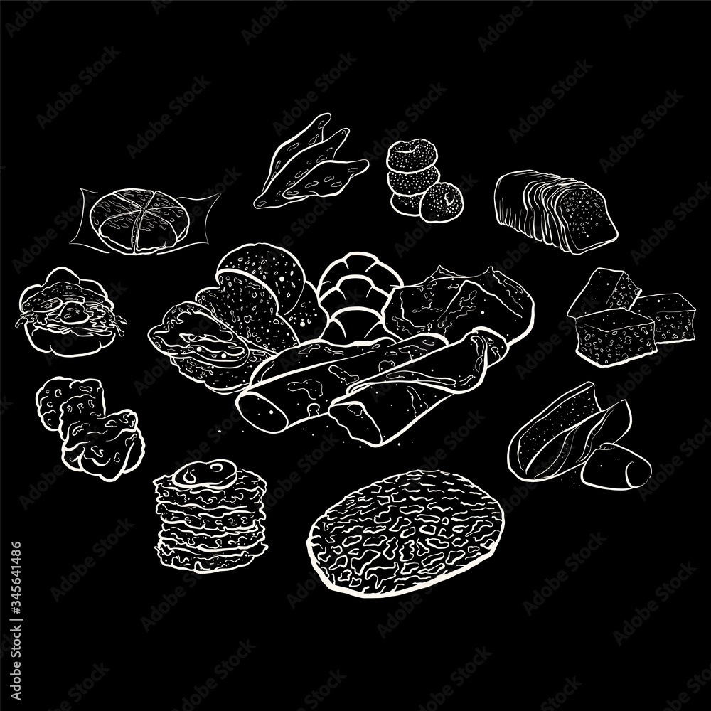 Poster outline version of circle shape composition from hand drawn bread on blackboard