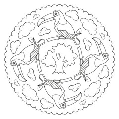 Coloring page mandala with toucan, tree, cloud. Vector Illustration.