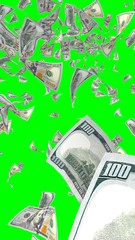 Flying dollars banknotes isolated on chromakey. Money is flying in the air. 100 US banknotes new sample. Vertical orientation. 3D illustration