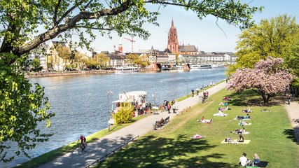 Frankfurt am Main im Frühling, junge Leute chillen am Ufer, Deutschland