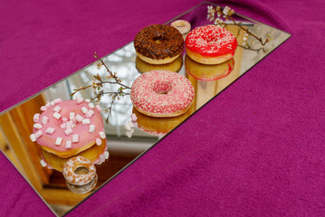 multi-colored donuts on a mirror surface
