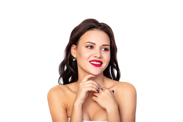 Naklejka premium Young beautiful woman model fashionable and stylish on a white background in the Studio
