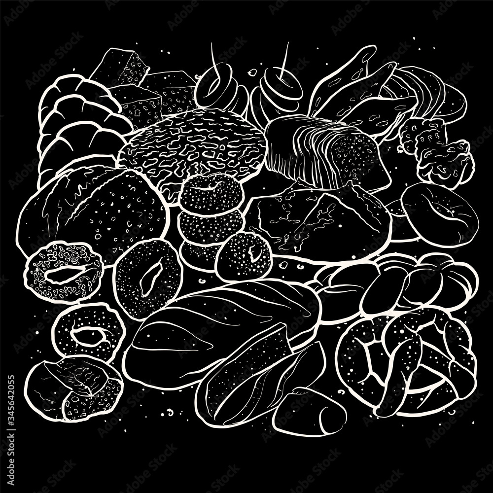 Poster outline version of hand drawn sketched breads to a square arranged format on blackboard