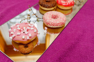 multi-colored donuts on a mirror surface
