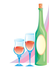 set of wineglasses and green bottles, isolated object on a white background, vector illustration,