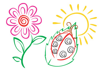 stylized set in color of a flower and a bug, isolated object on a white background, vector illustration,