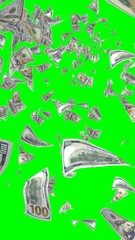 Flying dollars banknotes isolated on chromakey. Money is flying in the air. 100 US banknotes new sample. Vertical orientation. 3D illustration