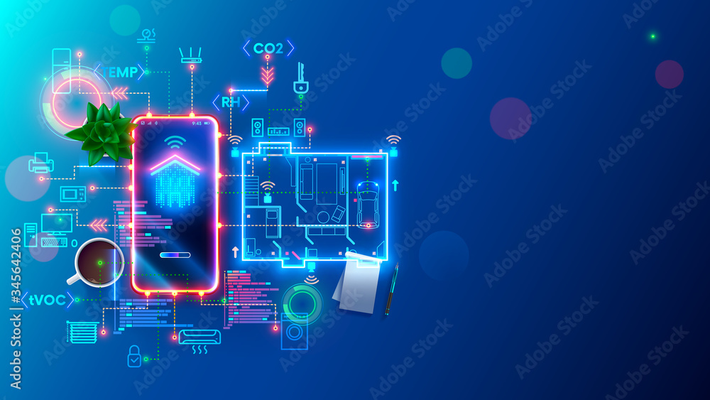 Fototapete Development smart home and IOT system. Setup and configuration work scenarios internet of things in domestic house. Engineering and programming of app IOT. devices controlled smartphone in network.