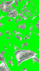 Flying dollars banknotes isolated on chromakey. Money is flying in the air. 100 US banknotes new sample. Vertical orientation. 3D illustration
