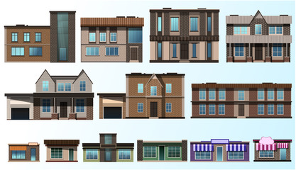 The architecture of the buildings. Office, home, shopping center. Vector graphics.