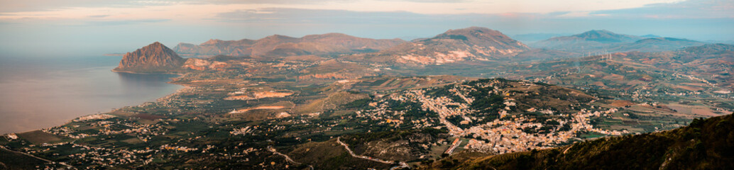 Amazing view seen from Erice Mountain, Sicily, Italy. In the landscape Trapani region, rocks, forest, buildings and sea.