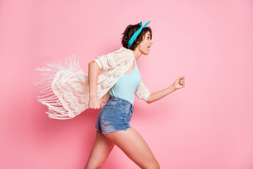 Profile photo of funny attractive lady rushing student party walk street wear headband lace cloak singlet mini denim shorts isolated pastel pink color background