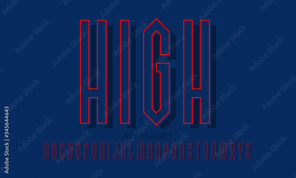 Fototapete high alphabet of red blue angular letters with shifted stroke and shadow. urban graphic display font
