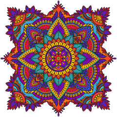 Hand Drawn Doodle Mandala. Floral mandala in ethnic style. Colorful illustration