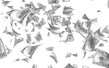 Obraz premium Flying dollars banknotes isolated on white background. Money is flying in the air. 100 US banknotes new sample. Black and white style. 3D illustration