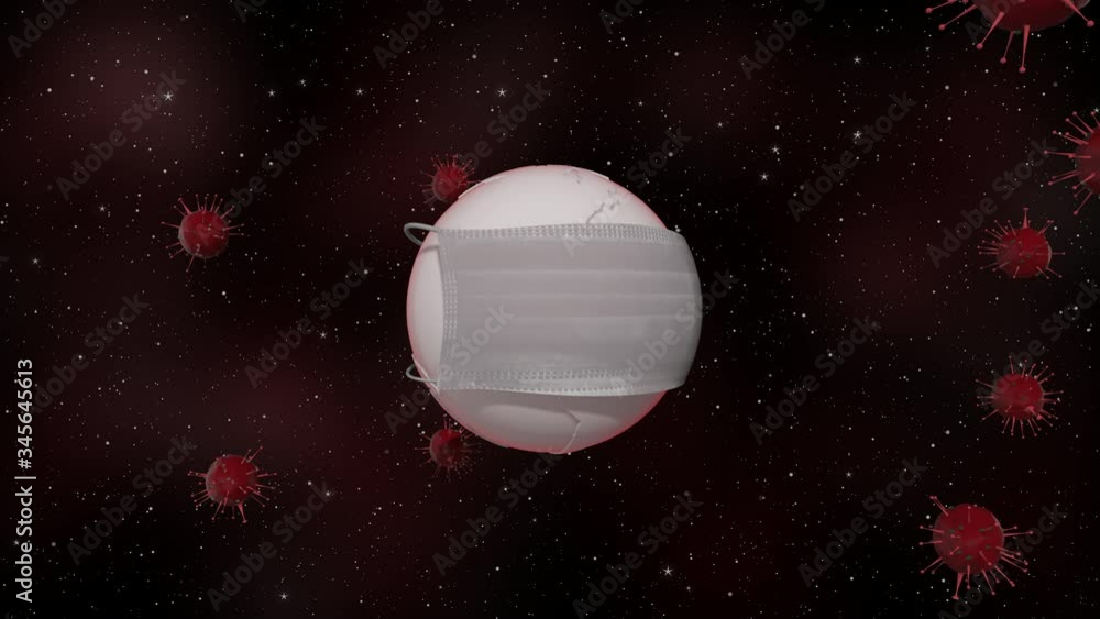 Poster earth on quarantine. 3d render of planet wearing medical mask rotating in infected space with red vi