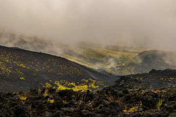 Etna volcano, Sicily, Italy. Mars-like or Moon-like mountain landscape, hiking in the clouds. Tufts...