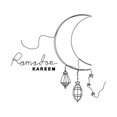 Continuous line drawing of islamic decoration with lanter, star, and moon. Single line art of ramadan kareem greeting card concept. Vector illustration