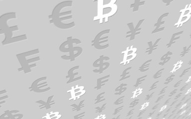 Bitcoin and currency on a gray background. Digital crypto currency symbol. Business concept. Market Display. 3D illustration